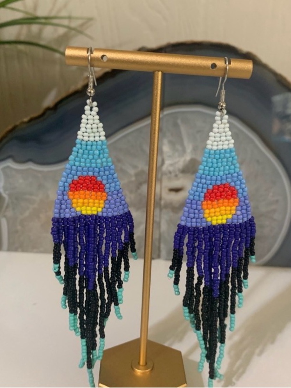 Sunset Fringe Beaded Earrings in Blue and Aqua